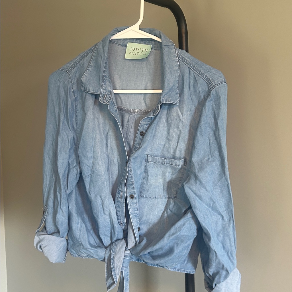 Euc Judith March Shake Ya Palm Palms Denim Front Tie Blouse Large — image 2 of 4